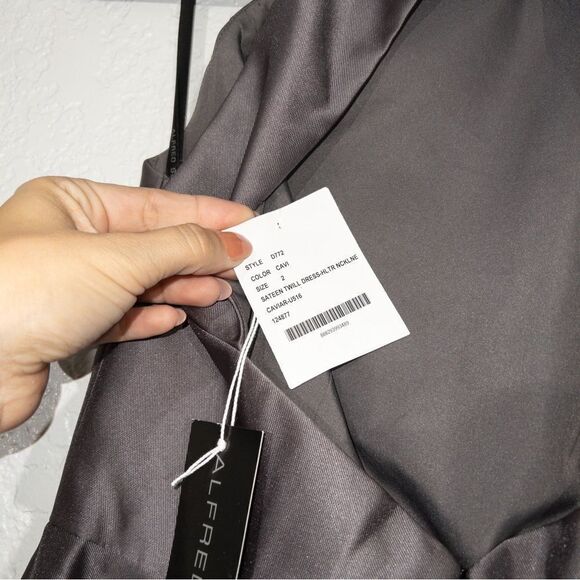 NWT Alfred‎ Sung Caviar Gray High Neck Cut Out Satin Dress Size 2 - Picture 7 of 9